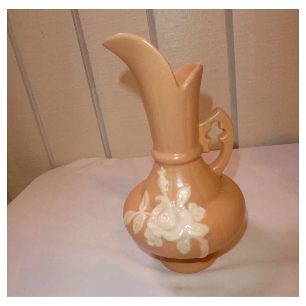 Vintage Weller Pottery Cameo Rose Ewer Pitcher Vase Peach Pink 1930s Zanesville